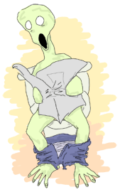 BREAKING NEWS: WEIRD CREATURES READ NEWSPAPERS Some kind of weird looking alien sitting on a toilet, surprised at the newspapers it is reading